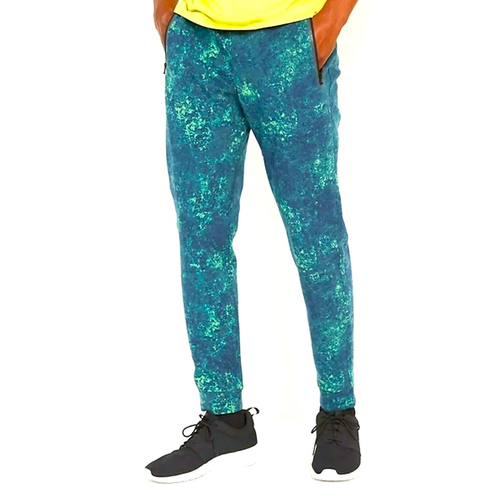 Dynamic Fleece Joggers Medium Green and neon yellow paint splatter pattern